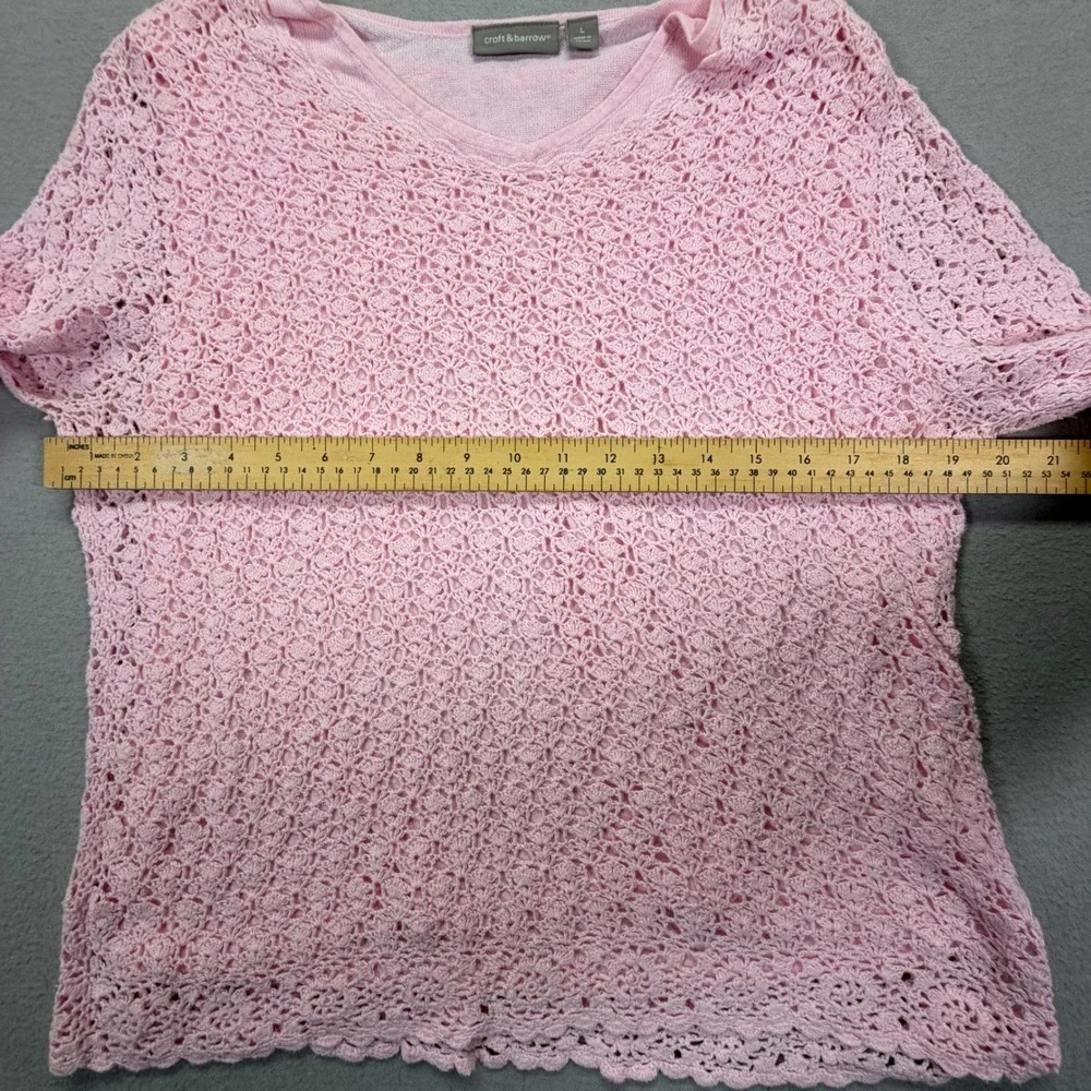 Croft‎ & Barrow Crochet Sweater Women L Good Pink V-Neck 3/4 Sleeve Knit Top
